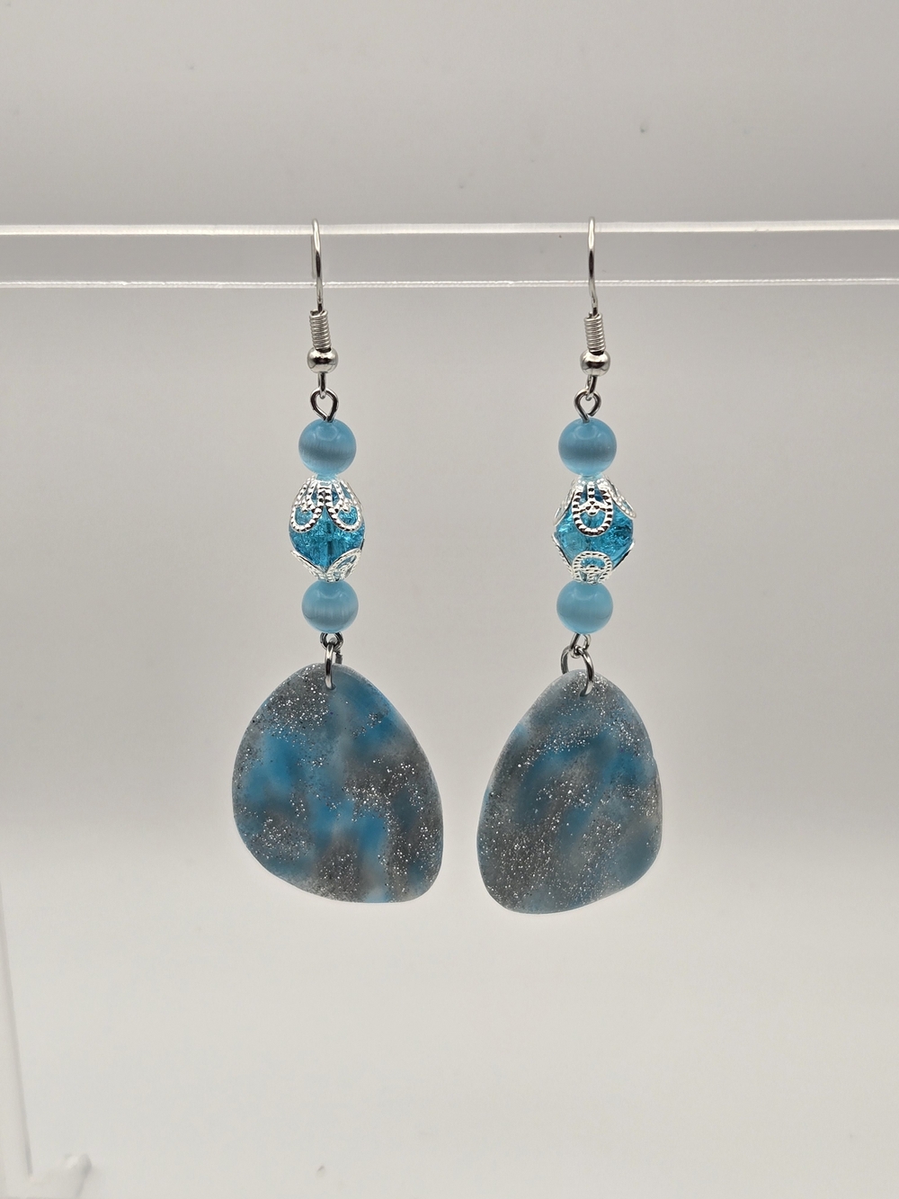 #B448- Turquoise Blue Dangle Earrings with Silver Accents - Women Jewelry